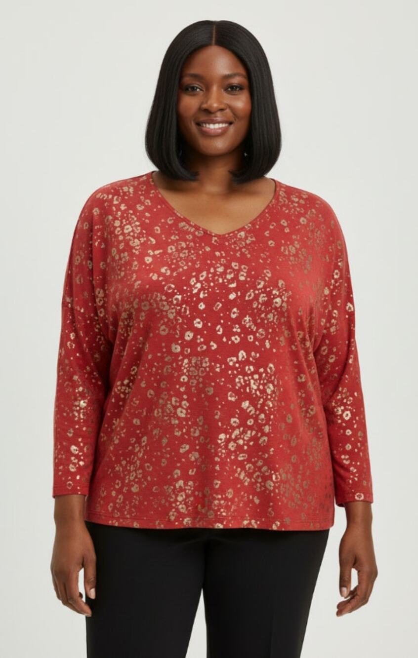 CHICOS TOP WOMENS 3 US XLARGE L/S GOLD ANIMAL PRINT V-NECK STRETCH T SHIRT CORAL